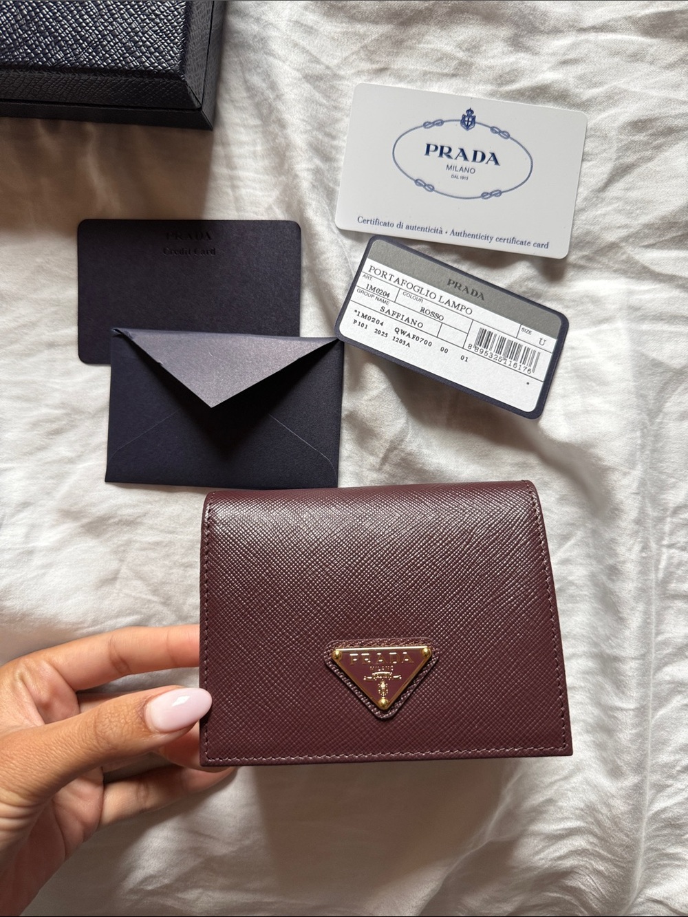 Authentic Prada Burgundy Saffiano Leather Triangular Logo Card Wallet